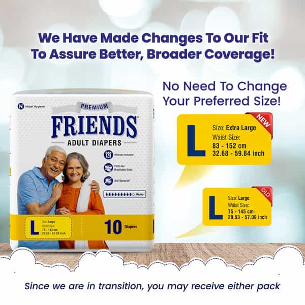 Friends Premium Adult Diaper Tape Style Flexible Waist Band 10 Count- (L) Waist 38-60 Inch