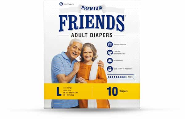 Friends Premium Adult Diaper Tape Style Flexible Waist Band 10 Count- (L) Waist 38-60 Inch