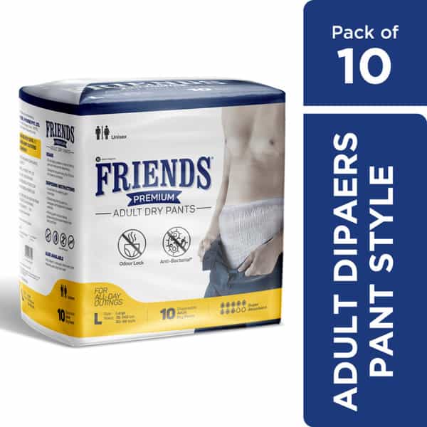 Friends Premium Adult Diaper Tape Style Flexible Waist Band 10 Count- (L) Waist 38-60 Inch