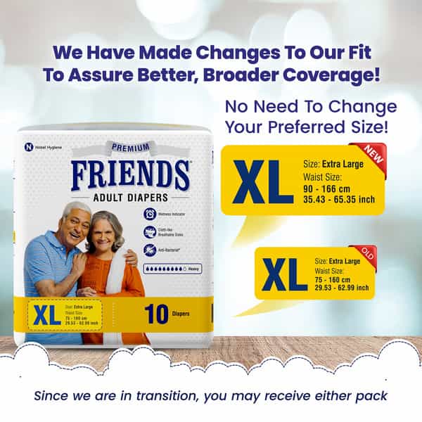 Friends Premium Adult Diaper Tape Style Flexible Waist Band 10 Count- (Xl) Waist 29.53- 62.99 Inch