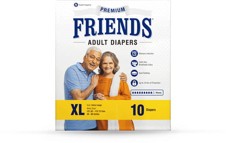 Friends Premium Adult Diaper Tape Style Flexible Waist Band 10 Count- (Xl) Waist 29.53- 62.99 Inch