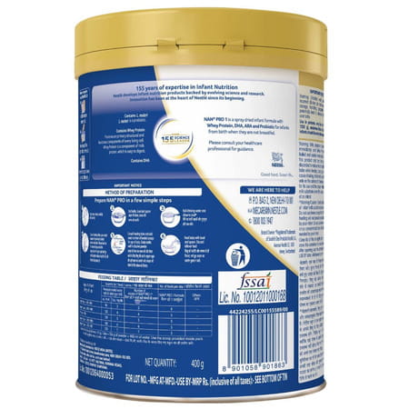 Nestle Nan Pro Stage 1 Infant Formula With Probiotic (Upto 6 Months) Powder Tin Of 400 Gm