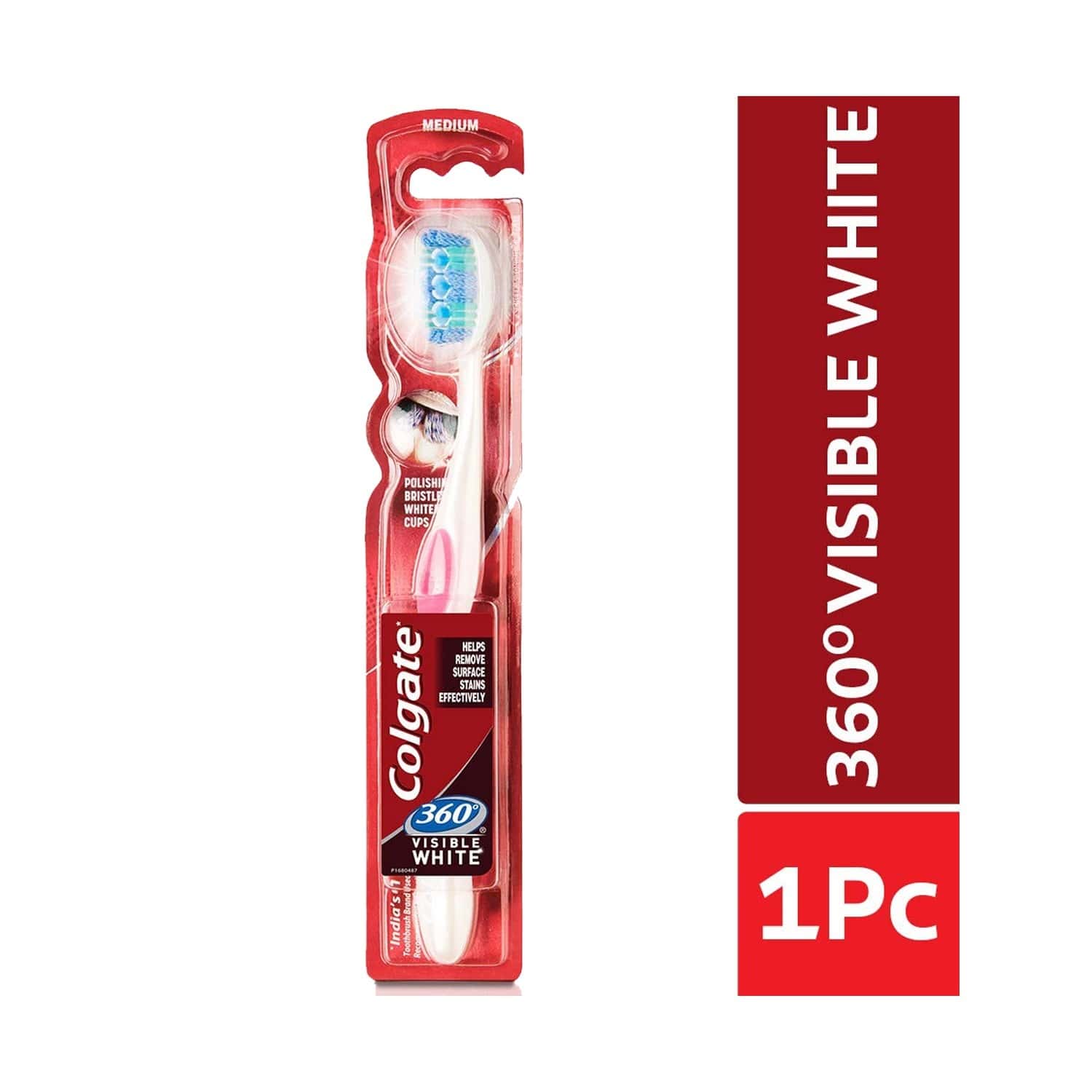 Buy COLGATE TOOTHBRUSH 360 VISIBLE WHITENING CUPS 1 PC MEDIUM POLISHING BRISTLES Online