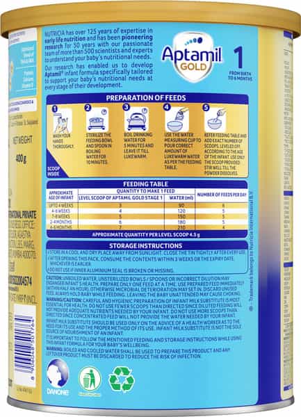 Aptamil Gold 1 Infant Formula Powder With Prebiotics (Upto 6 Months) Stage 1-400G Tin