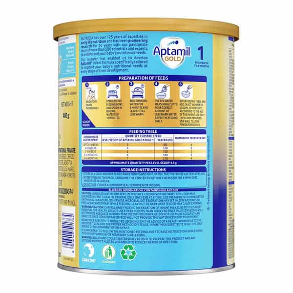 Aptamil Gold | 1 Infant Formula With Prebiotics | From Birth To 6 Months | Tin 400 Gm