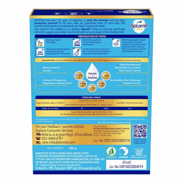 Aptamil Gold | 2 Follow Up Formula With Dha Ara & Vitamins | From 6 To 12 Months | Box 400 Gm