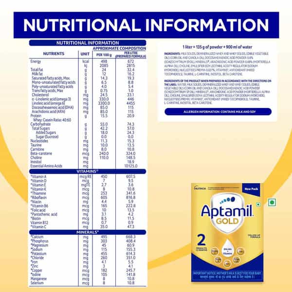 Aptamil Gold | 2 Follow Up Formula With Dha Ara & Vitamins | From 6 To 12 Months | Box 400 Gm