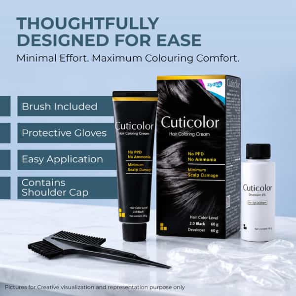 Cuticolor Hair Coloring Cream | 2.0 Black | Ammonia & Ppd Free | 60 Gm