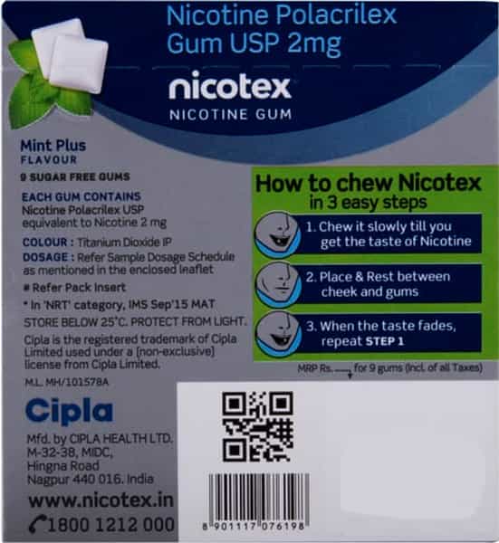 Nicotex 2Mg Mint Plus Gums Sugar Free Strip Of 9|Helps Quit Smoking|