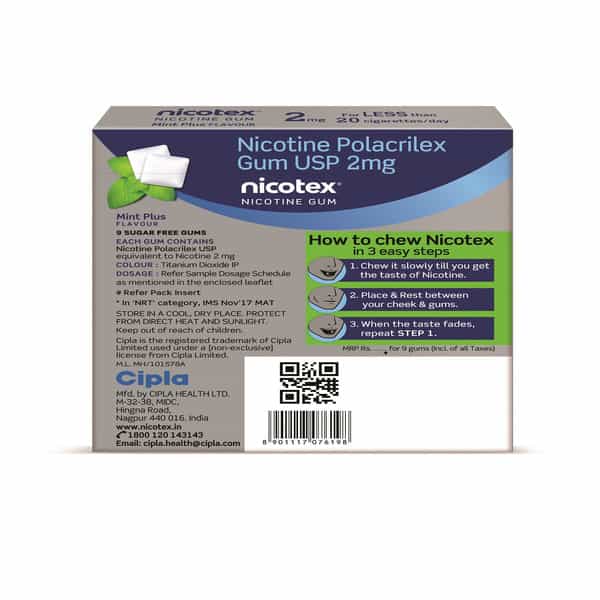 Nicotex 2Mg Mint Plus Gums Sugar Free Strip Of 9|Helps Quit Smoking|