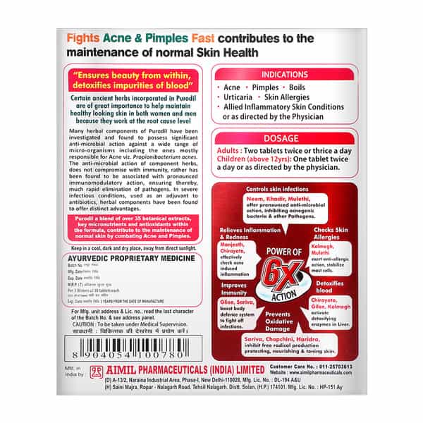 Aimil Purodil Tablet 30S | Fights Acne & Pimples | Controls Skin Infections & Allergies