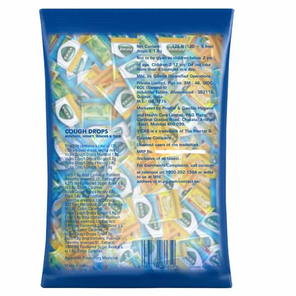 Vicks Cough Drops 120 + 5 Lozenges-Ginger-Honey-Menthol-Tulsi Flavours