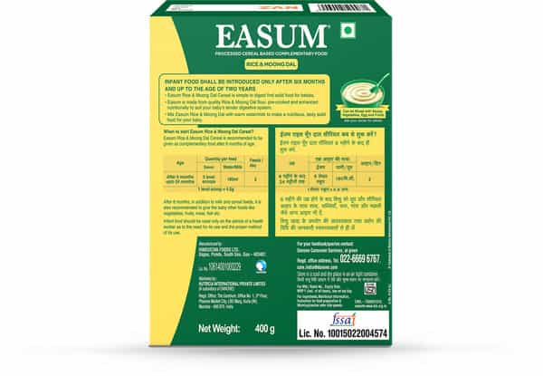 Easum Baby Cereal | Moong Dal & Rice | 6+ Months | Box 400 Gm