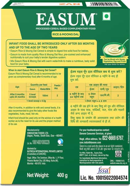 Easum Baby Cereal | Moong Dal & Rice | 6+ Months | Box 400 Gm