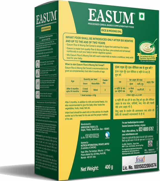 Easum Baby Cereal | Moong Dal & Rice | 6+ Months | Box 400 Gm