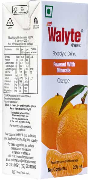Walyte Electrolyte Drink Orange Flavor Tetrapack 200 Ml