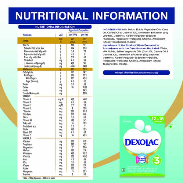 Dexolac 3 | Follow Up Infant Formula | 12 To 18 Months | Box 400 Gm