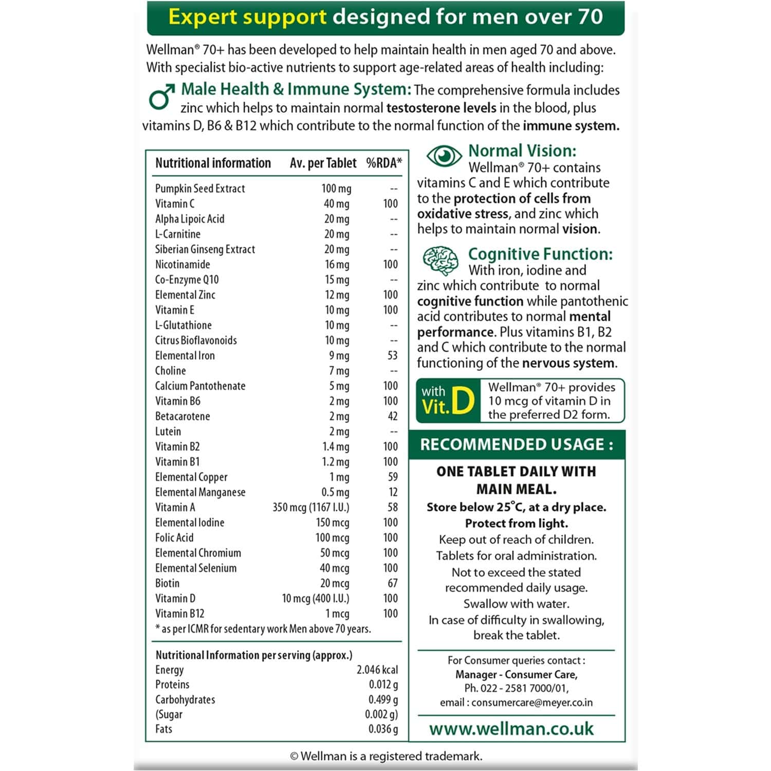 Buy Wellman 70+ Health Supplement Tablets Pack Of 30 Online & Get