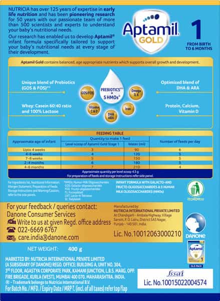 Aptamil Gold 1 Infant Formula Powder With Prebiotics (Upto 6 Months) Stage 1-400G Bag-In-Box