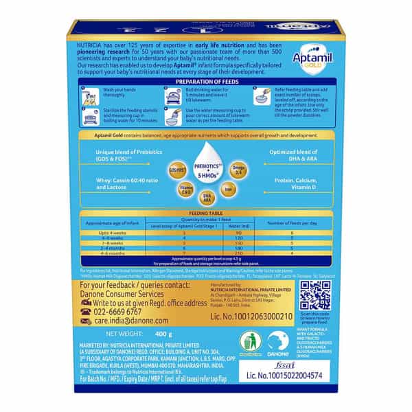 Aptamil Gold | 1 Infant Formula With Prebiotics | From Birth To 6 Months | Box 400 Gm
