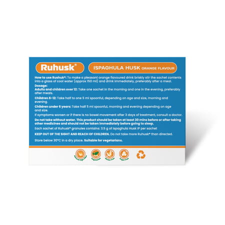 Rushusk Ispaghula Husk Orange Flavour Sugar Free 3.5g Granules Natural Fiber Per Sachet | 30 Sachets
