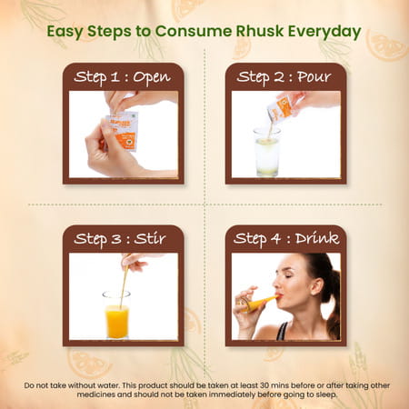 Rushusk Ispaghula Husk Orange Flavour Sugar Free 3.5g Granules Natural Fiber Per Sachet | 30 Sachets