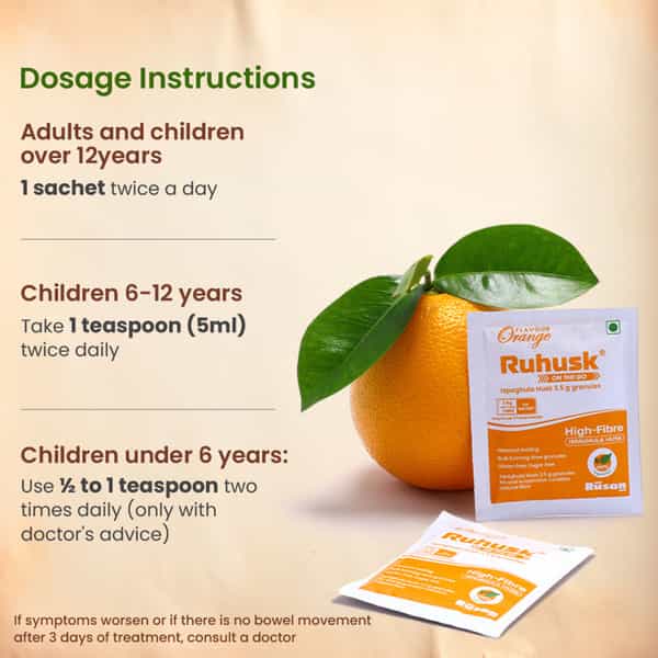 Rushusk Ispaghula Husk Orange Flavour Sugar Free 3.5G Granules Natural Fiber Per Sachet | 30 Sachets