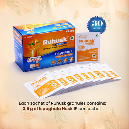 Rushusk Ispaghula Husk Orange Flavour Sugar Free 3.5g Granules Natural Fiber Per Sachet | 30 Sachets