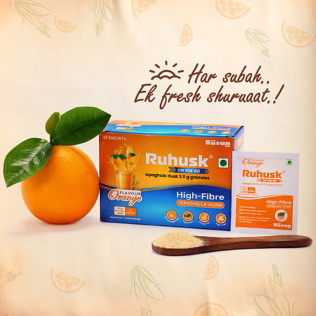 Rushusk Ispaghula Husk Orange Flavour Sugar Free 3.5g Granules Natural Fiber Per Sachet | 30 Sachets