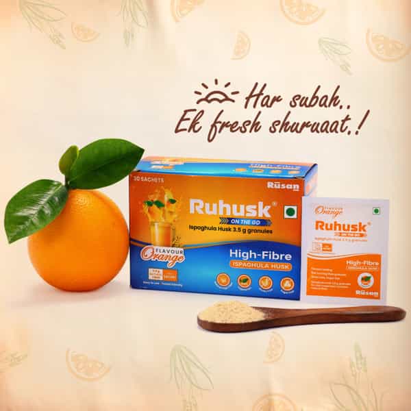 Rushusk Ispaghula Husk Orange Flavour Sugar Free 3.5G Granules Natural Fiber Per Sachet | 30 Sachets