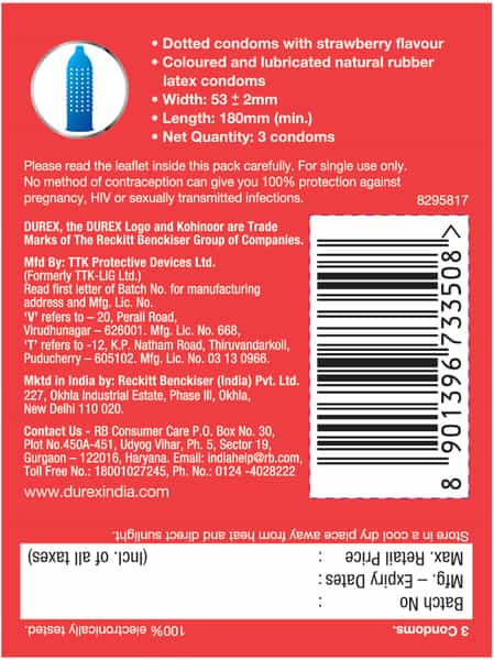 Durex Kohinoor Juicy Strawberry Condom  Packet Of 3