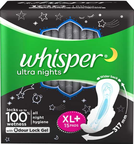 Whisper Ultra Overnight Size Wing Xl Plus Sanitary Pads Packet Of 15