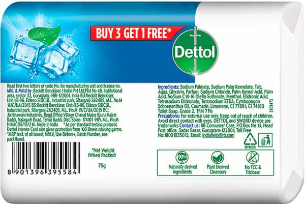 Dettol Intense Cool Bathing Soap Bar With Menthol (Pack Of 4 - 125G Each)