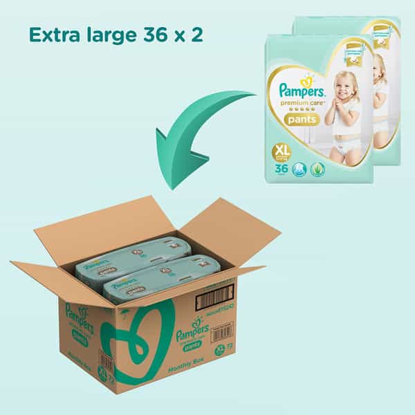 Pampers Premium Care Extra Large Size Pants Diapers Monthly Box 72 Count
