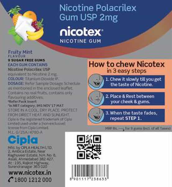Nicotex 2Mg Fruity Mint Nicotine Gums Sugar Free Strip Of 9 'S