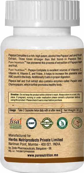 Pure Nutrition Papaya Complete (Supports Platelet Immunity & Digestion) - 60 Caps