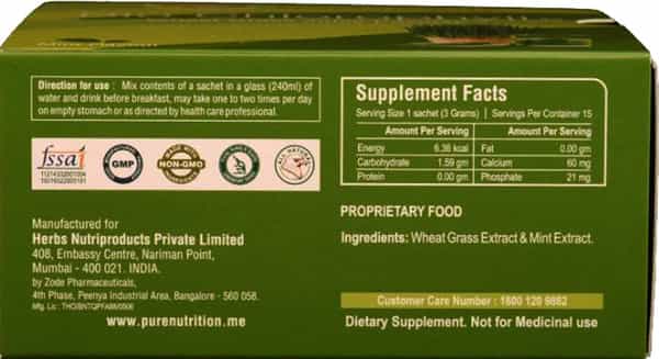 Pure Nutrition Bio Chlorophyll (Wheat Grass Juice Powder) - 15 Sachets