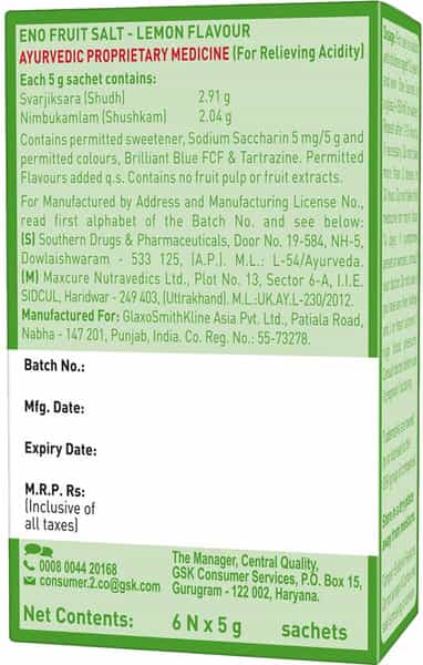 Eno | Fruit Salt | Lemon | Sachet 5 Gm | Pack Of 6