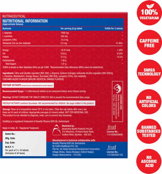 Fast&Up Activate-Preworkout Drink Caffeine Free-L Arginine L Carnitine-Orange-Pack Of 3X(10 Tabs)