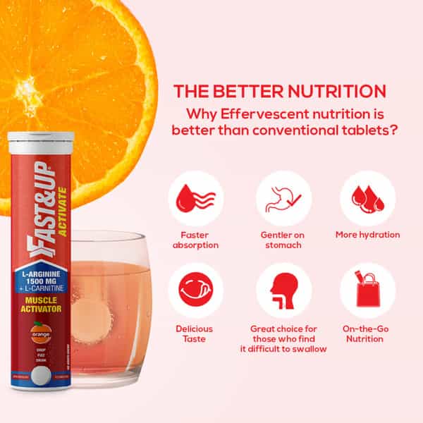 Fast&Up Activate-Preworkout Drink Caffeine Free-L Arginine L Carnitine-Orange 10 Effervescent Tabs