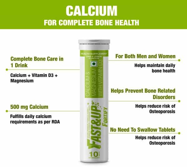 Fast&Up Fortify Calcium With Vitamin D3 Supplement-500Mg Effervescent Tablets-Lime&Lemon(10 Tabs)