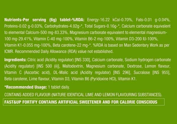 Fast&Up Fortify Calcium With Vitamin D3 Supplement-500Mg Effervescent Tablets-Lime&Lemon(10 Tabs)