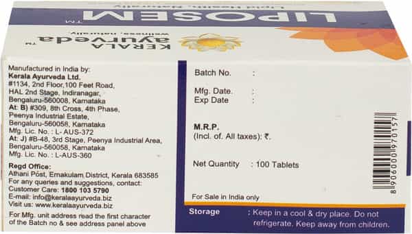 Kerala Ayurveda Liposem Cholestrol Control Tablets Box Of 100 'S