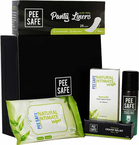 Pee Safe Combikit (25N Panty Liners|Cramp Relief Roll On|Toilet Seat Sanitizer Spray - Mint 50Ml)