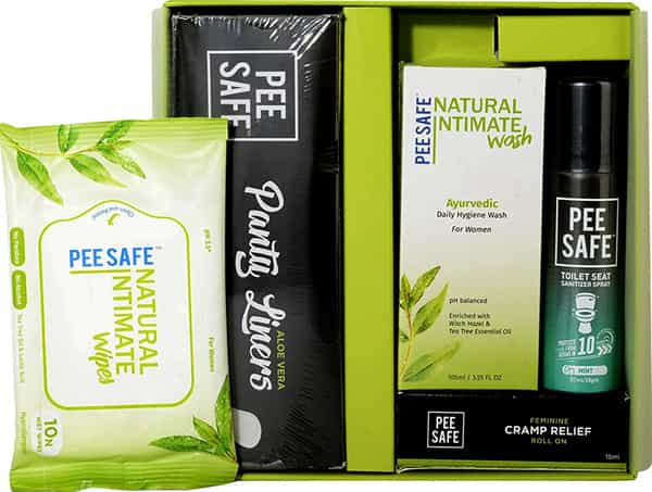 Pee Safe Combikit (25N Panty Liners|Cramp Relief Roll On|Toilet Seat Sanitizer Spray - Mint 50Ml)