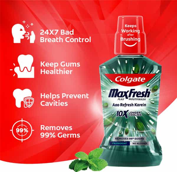 Colgate Maxfresh Plax Freshmint Alcohol-Free Mouthwash Bottle Of 250 Ml