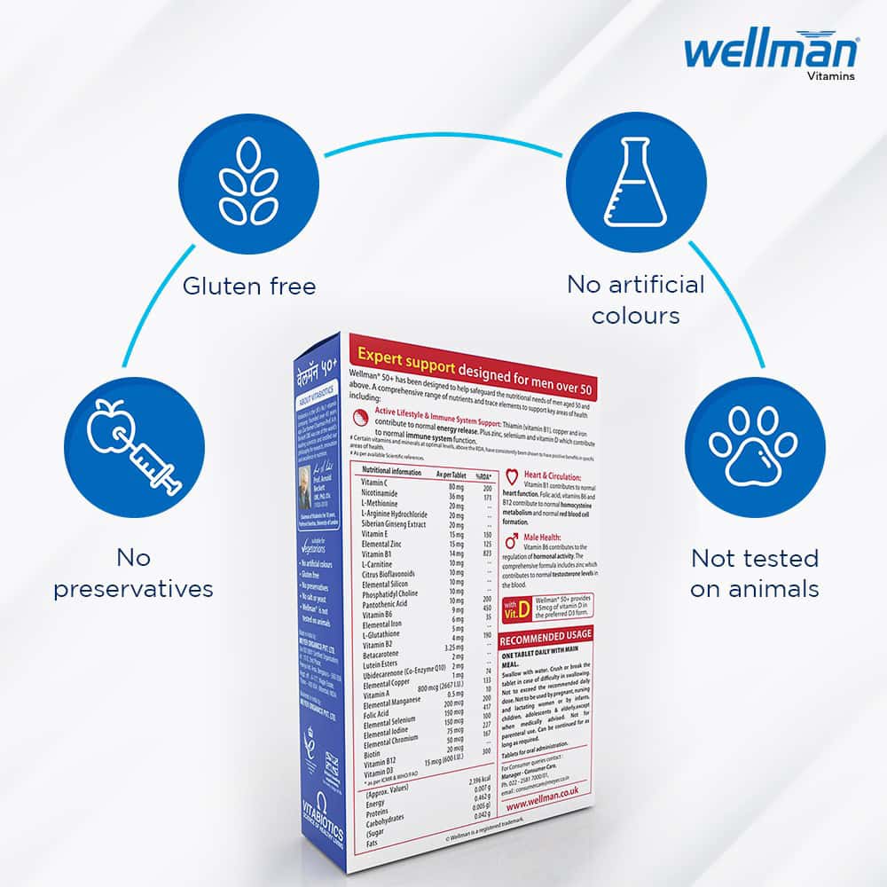 Buy Wellman 50+ Health Supplement Tablets Box Of 30 Online at Flat 18