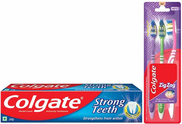 Colgate Strong Teeth Toothpaste - 200Gm With Zigzag Toothbrush - 3 Pcs