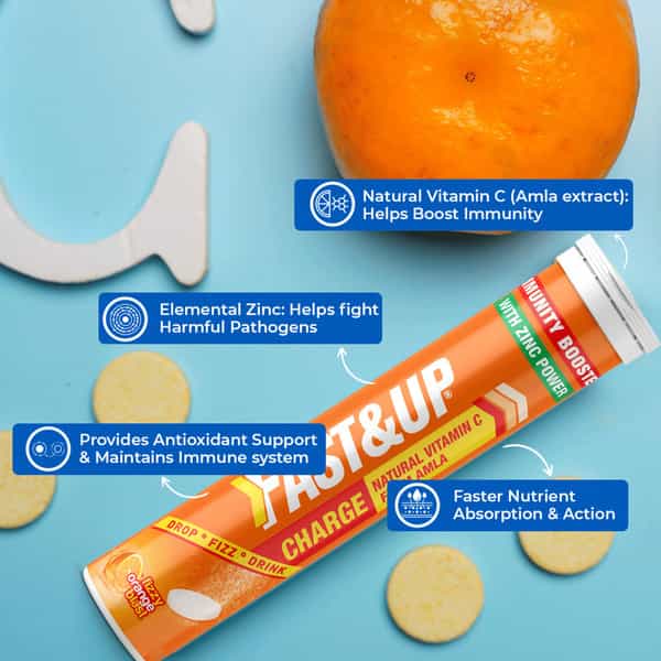 Fast&Up Charge Vitamin C & Zinc Effervescent Tablets With Natural Amla -Orange Flavour (60 Tablets)