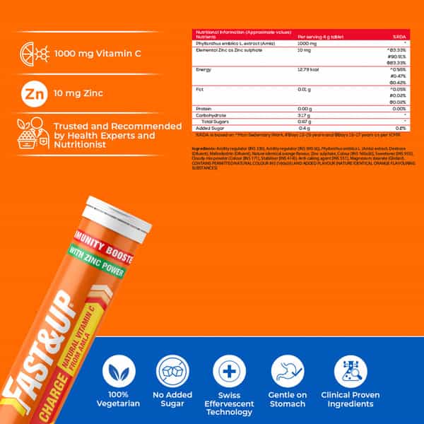 Fast&Up Charge Vitamin C & Zinc Effervescent Tablets With Natural Amla -Orange Flavour (60 Tablets)